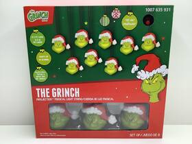 1007635931 Gemmy Grinch Musical String Lights With Santa Hat Projection Christmas 8.2ft