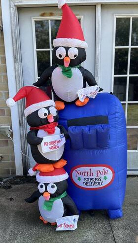 110937 Gemmy Christmas 6 Ft Lighted Penguin North Pole Express Mailbox Inflatable