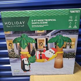 5967921 Gemmy Airblown Inflatable 6.5 Ft Led Santa Tropical Christmas Hammock Penquin Palm Trees
