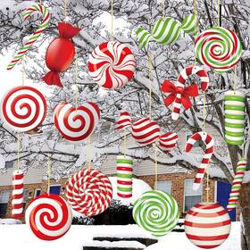 Tree-06 Geosar 20 Pcs Double-sided Christmas Outdoor Yard Signs Peppermint Candy And Gi