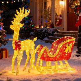 Gianna 711181385496 4 Ft Lighted Christmas Reindeer Santa Sleigh Set Xmas Pre-lit Yard Decoration
