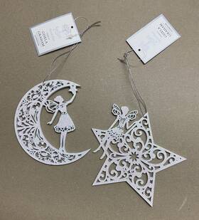 013203 Gisela Graham London Christmas Ornaments Wooden Star And Moon Fairy Cutout Set