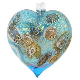 Glass Ofvenice Murano Millefiori Heart Christmas Ornament Aqua Gold