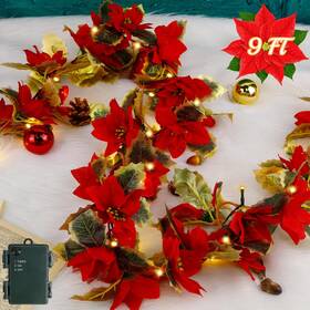 As-tt27 Glintoper Christmas Poinsettia Garland 9 Ft Lighted Artificial Garlands With