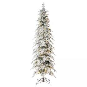 Glitzhome 711181101195 9 Ft. Pre-lit Flocked Pencil Spruce Artificial Christmas Tree With 470 Warm Whit
