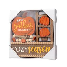 Glitzhome 744110555998 5.25 Inch Fall Wooden Christmas Word Signs Tiered Tray Table Decor Set Of 4