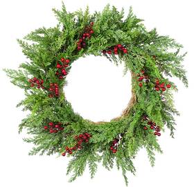 Glitzhome 926783221606 24 Inch Cedar Berry Christmas Wreath Front Door Rustic Holiday Decor Porch