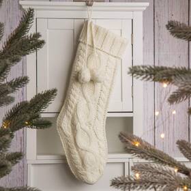 Glitzhome 971255308965 24 Inch L White Knitted Polyester Christmas Stocking With Pom Ball Oversize C