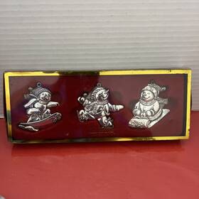 Gorham 070357473420 3 Vintage Silverplated Winter Snowman Christmas Tree Ornaments In Box
