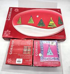 792059 Gorham Set Of 8 Fused Glass Crystal Christmas Splendor Tree Plates And Platter
