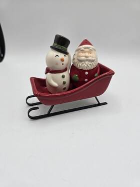 Grasslands Road 013051362973 Christmas Gatherings Santa And Snowman Salt Pepper With Sled