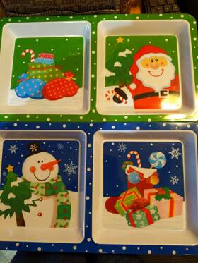 Greenbrier International 806574701455 Vintage Christmas Melamine 2 Section Platters Snowman And Santa Claus