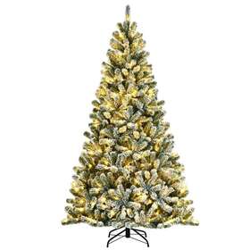Gym08284 Gymax Artificial Christmas Tree 7ft Pre-lit Yellow Lights Realistic Snow Flocked