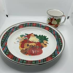 Hallmark 028225069848 Mitford Jan Karon 10 Inch Plaid Enamel Christmas Santa Cookie Plate Cup