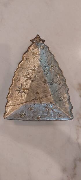 Hall456 Hallmark Christmas Silver Tree Shaped 8 Inch Dish With Raised Letters Joy Hope Love