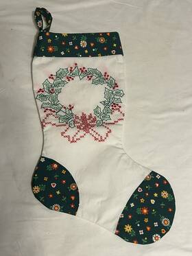 M7201 Handmade Vintage Finished Cross Stitched Wreath Floral Christmas Stocking 18 Inch