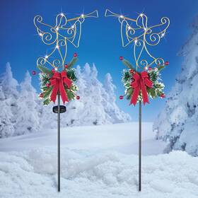 68353 Hdfl Set Of 2 Solar Led Christmas Angel With Red Bow Yard Stake Outdoor Holiday Decor
