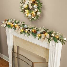 72958 Hdfl 5-ft Lighted Led Christmas Gold Silver Pinecones Garland With Bows Holiday Decor
