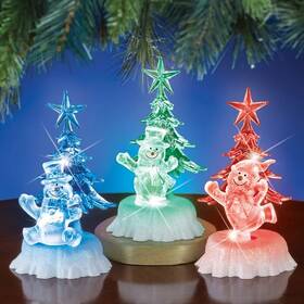 75602 Hdfl Set Of 3 Led Color Changing Snowman Christmas Tree Trio Acrylic Figurine Sitters