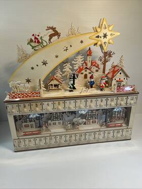 Hdfl 842957120215 Lighted Led Wooden Christmas Village Advent Calendar With 24 Drawers Holiday Decor