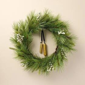 90460310 Hearth & Hand With Magnolia 26 Inch Faux Needle Pine And Snowberry Christmas Wreath Bell Ornaments