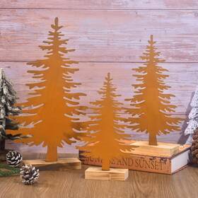Hedian 313055958920 3 Pcs Metal Christmas Tree Decor Rustic Steel Pine Table Centerpieces With Wood