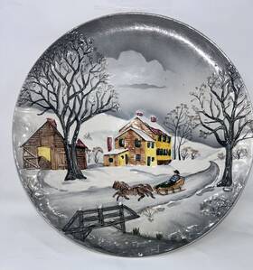 3864-11x Highmount Mbd Vtg 13 Inch Wall Plate Xmas Horse Sled Farm Man W Germany Mcm Emboss