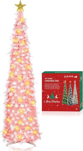 Hmasyo 747302506051 5 Ft Pop Up Christmas Tree With Timer Lights Pink Tinsel Snowflake Chris