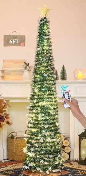 Am2402 Hmasyo 6ft Pop Up Tinsel Christmas Tree With 100 Led Lights Remote Collapsible