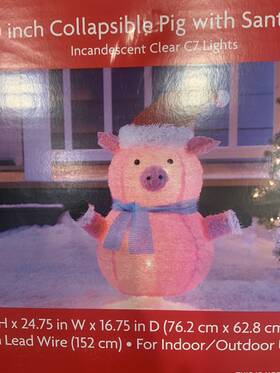 Holiday Home 041226617962 Christmas Pig With Santa Hat Collapsible Lighted 30 Inch Rare Nib Nice