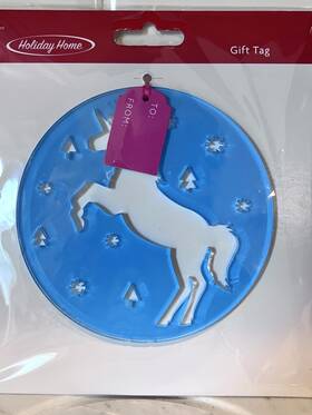 Holiday Home Inter-american Products 041226531473 Unicorn Gift Tag Christmas Blue Plastic Round Nwt