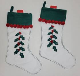 Holiday Home Inter American Products 888777105155 Lot Of 2 White Red Green Holly Leaves And Berries Christmas Stocking Stitched Edge