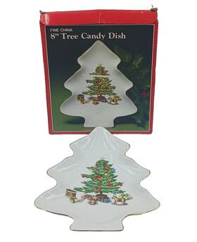 Holiday Hostess 036381884229 Christmas Tree Shaped Candy Dish 8 Inch 22k Gold Trim Japan Vintage