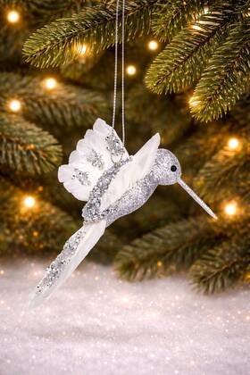 Holiday Lane 194136428088 Glitter Feathered Hummingbird Ornament Silver Xmas Tree Decor Bird