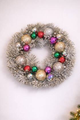 Holiday Lane 194137875409 Whimsy Silver Wreath Colorful Ornaments Christmas Door Decor