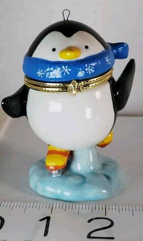 Jg17102 Holiday Peak Penguin Christmas Ornament Trinket Box Black White Blue