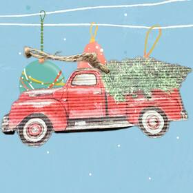 0190-lxtk007 Holiday Time Red Truck With Christmas Tree Ornament Chunky Farmhouse Rustic Lodge Country 6 Inch