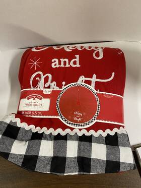 Holiday Time 020972024705 Nwy Xmas Tree Skirt 48 Inch Merry And Bright Red With Buffalo Trim