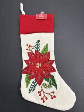 Holiday Time 020972040132 20 Inch Ivory Linen With Red Poinsettia Applique Christmas Stocking