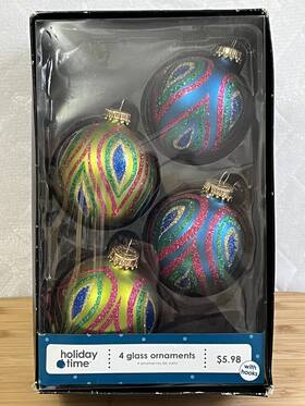 Holiday Time 024762238860 Set Of 4 Glittered Glass Peacock Feathers Christmas Ball Ornaments