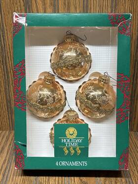 Holiday Time 024762726411 Christmas Ornaments Baubles Gold Glitter Embossed Decorative Glass Set Of 4