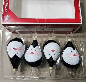 Holiday Time 024762919646 Kitschy Penguin Set Of Four Glass Christmas Tree Ornaments Glittery