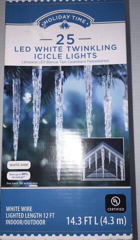 Holiday Time 029944573890 25 Count Led Twinkle Icicle Christmas Lights White Wire 14.3