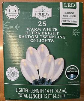 Holiday Time 029944608936 25 Warm White Led C9 Random Twinkling Christmas Lights Green Wire