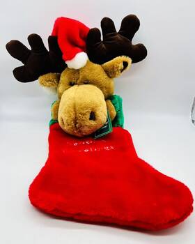 Holiday Time 047475067541 Moose Santa Hat Christmas Stocking Plush Stuffed Animal 21 Inch Tag