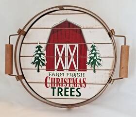 Holiday Time 047475415502 Round Wood And Metal Red Barn Tray Christmas Farmhouse Decor New