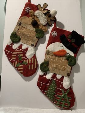 1209825-11wm Holiday Time Reindeer/snowman In Chimney 2d Burlap Christmas Stocking Lot Of 2