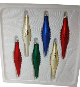 1424-wm Holiday Time Vintage Icicles Snow Glass Christmas Ornaments Set Of 6 Box See