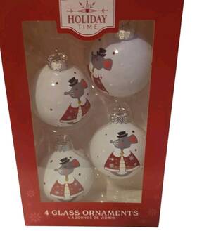 Holiday Time 191421080822 King Mouse Glass Ornaments 4 White Fancy Christmas Tree Decor Nwt