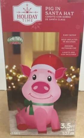 Holiday Time 313023480439 Airblown Inflatable 3.5 Foot Christmas Pig In Santa Hat Decoration New
